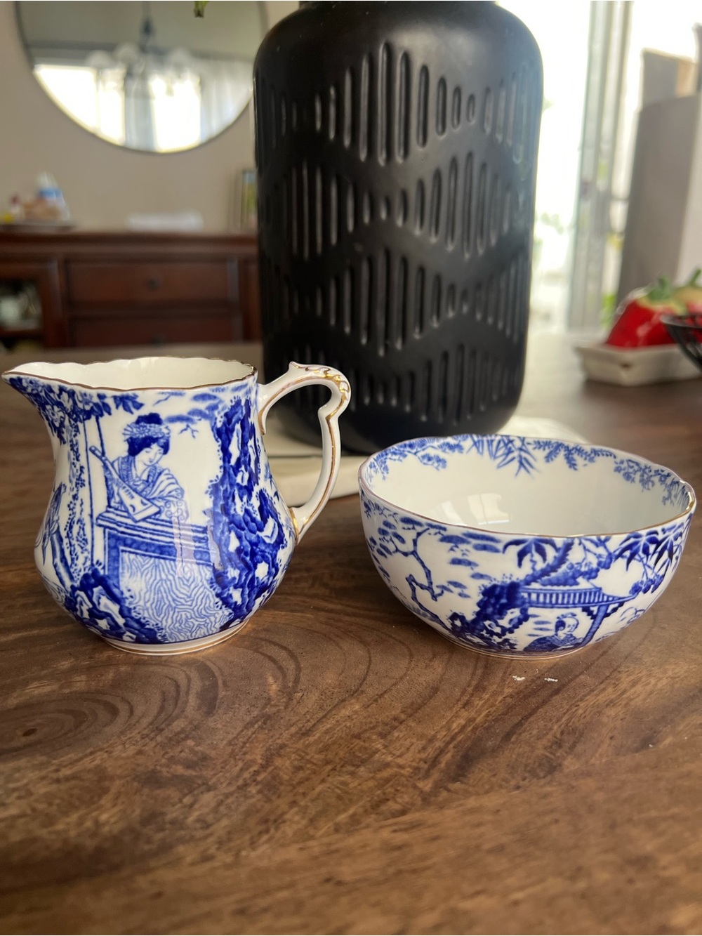 Royal Crown Derby Blue Mikado Open Sugar Bowl & Creamer Made in England